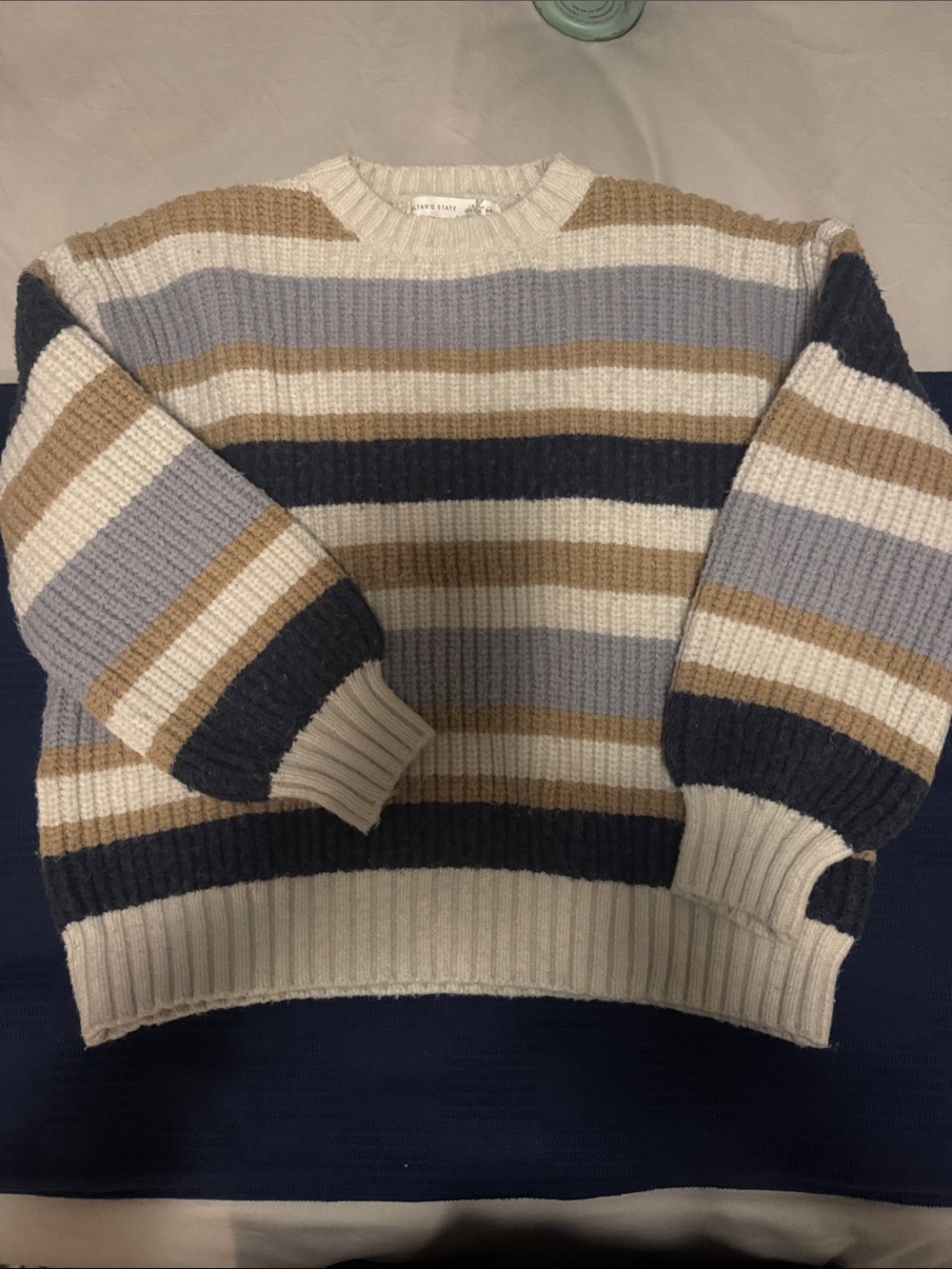 Altar'd State Ribbed Crewneck Sweater in Cream, Tan & Navy